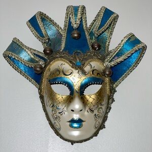 Teal and gold jester face mask